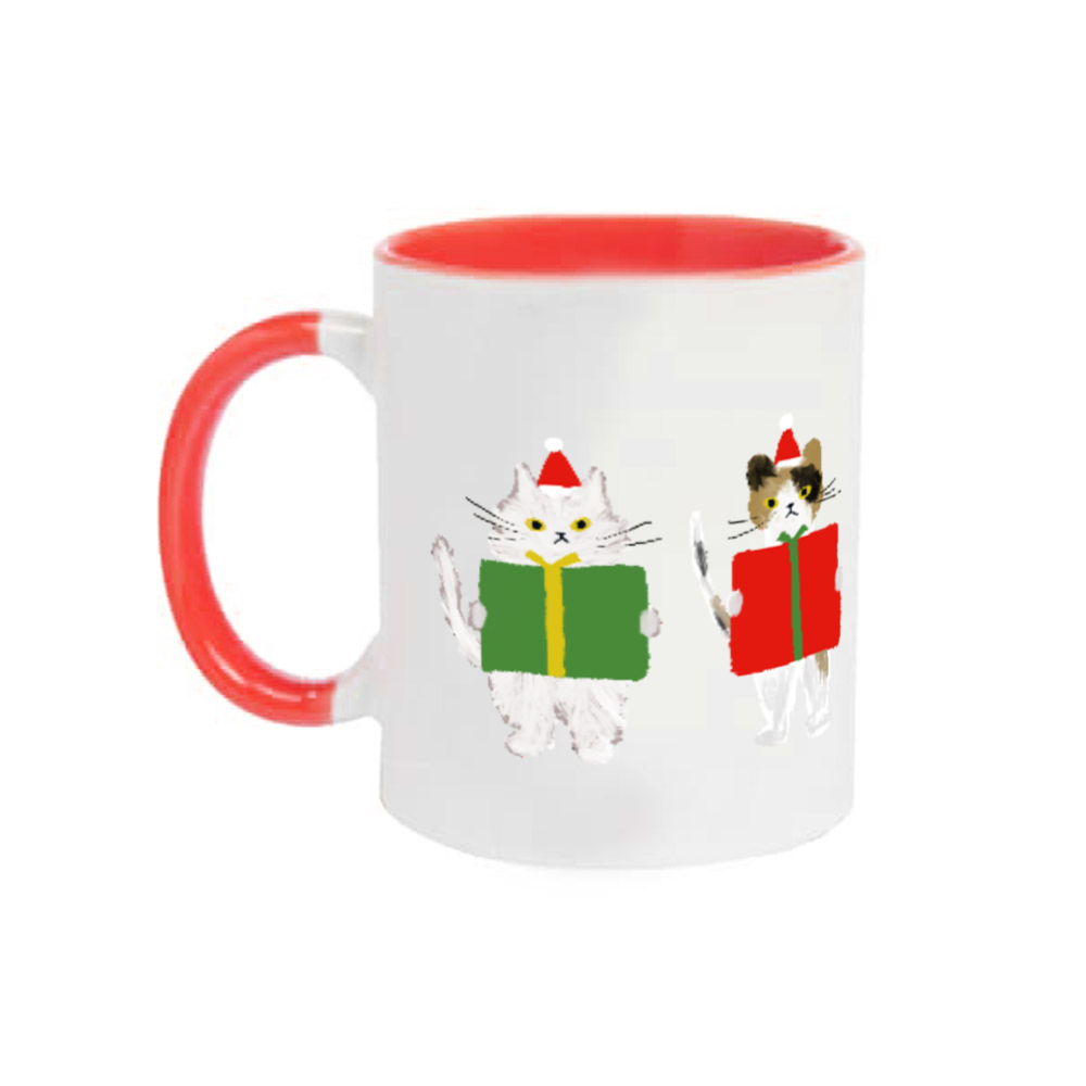 ねこ、ねずみ、雪だるまのクリスマスプレゼント 2トーンマグカップ