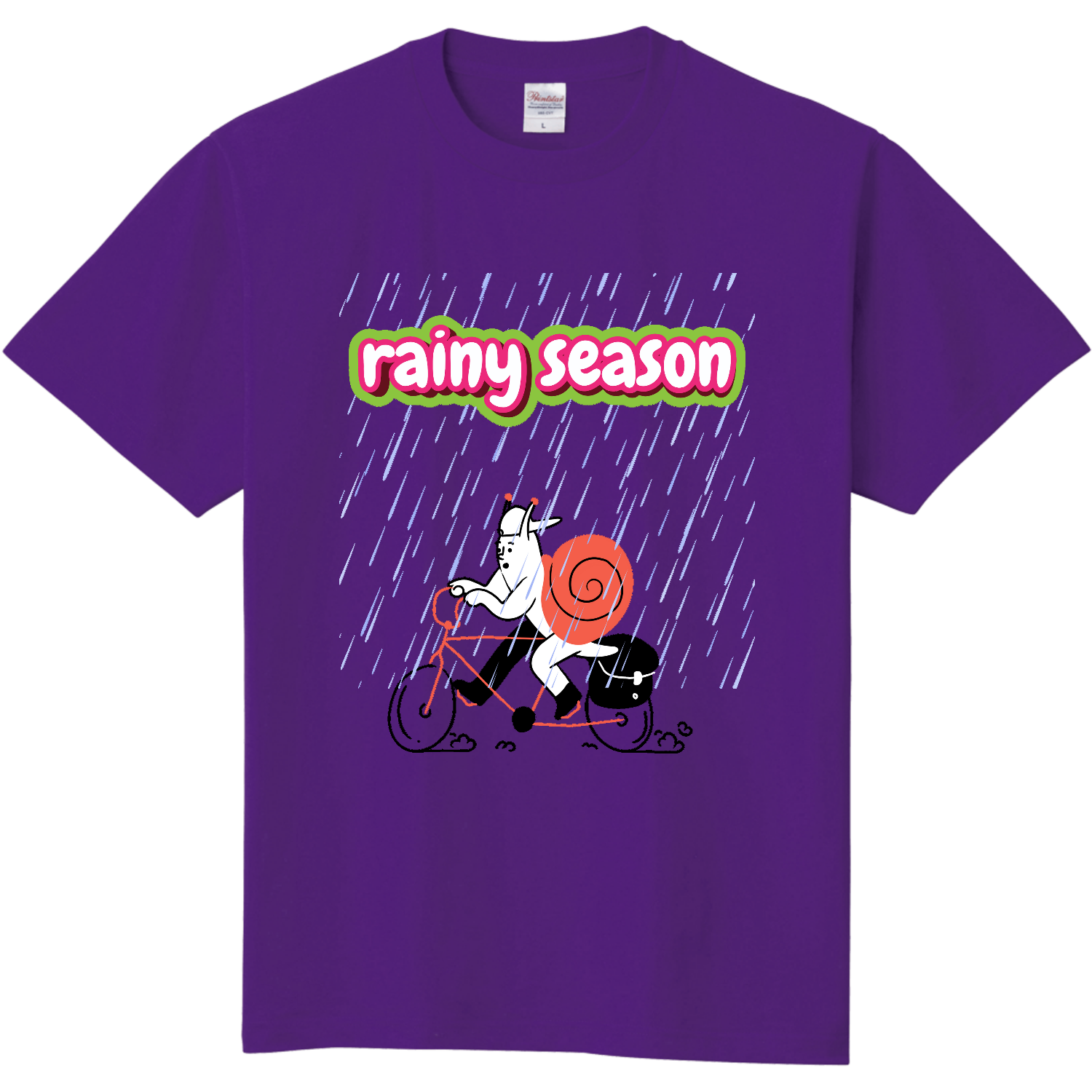 梅雨シリーズ 自転車を走らせるかたつむり定番Tシャツの商品購入 