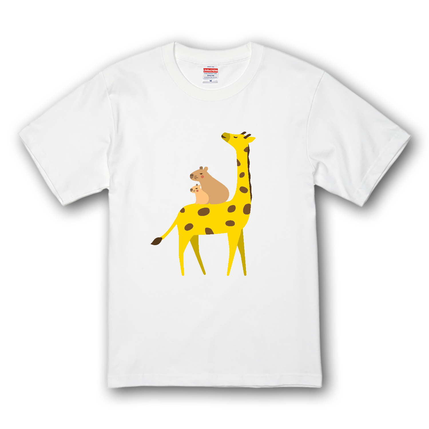 キリンさんに乗るカピバラ親子 フラットverプレミアムTシャツの商品