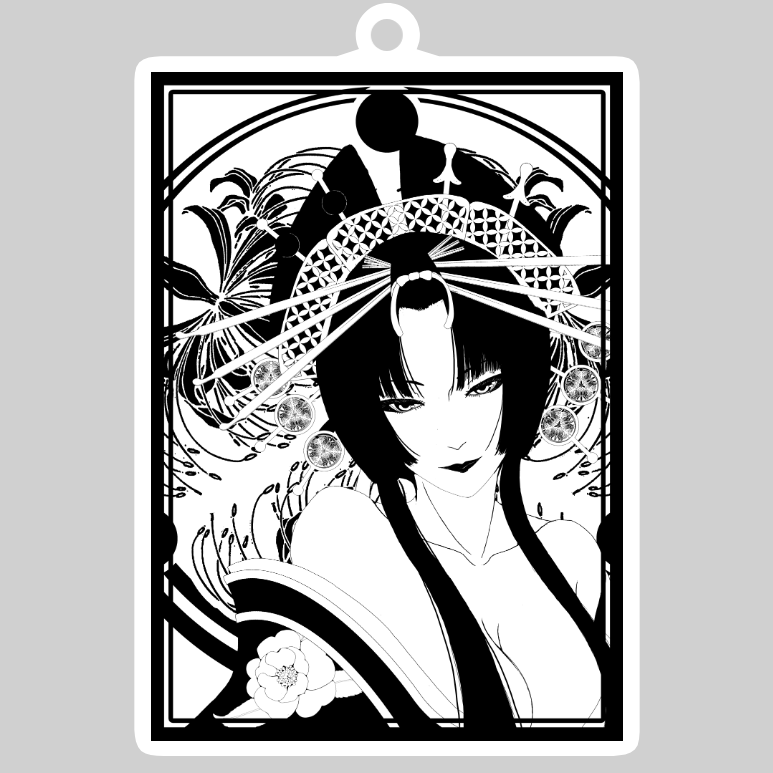花魁 線画 ダイカットアクリルキーホルダー(10×10cm)ダイカット