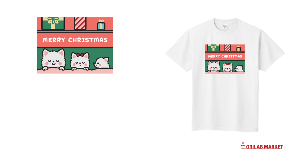 クリスマスのわんこ3きょうだい Tシャツ｜アトリエ・シュコット