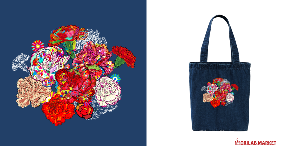 手編みトートバッグ　ウサギ　カーネーションの 花 花シリーズ ファンキーなカーネーションデニム トートバッグの商品購入
