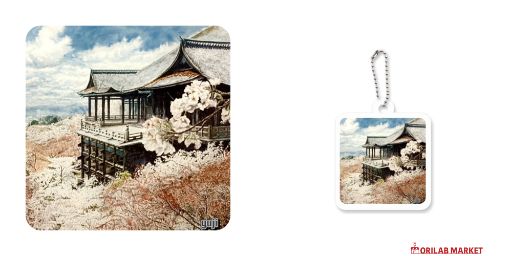 清水寺の水彩画デザインキーホルダーアクリルキーホルダー 四角型 (4cm