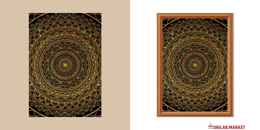 マンダラ絵 伝統的なアジア風 金色フレーム マンダラアート(金細工風 幾何学模様 花 月) イラスト素材