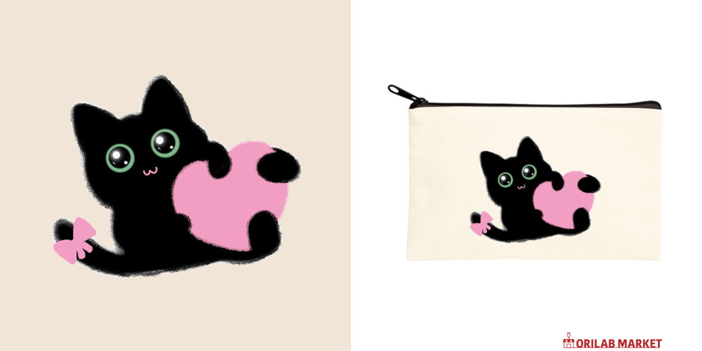 ピンクハート黒猫 ラメプリ！ キャンバスフラットポーチ（S）ラメプリ