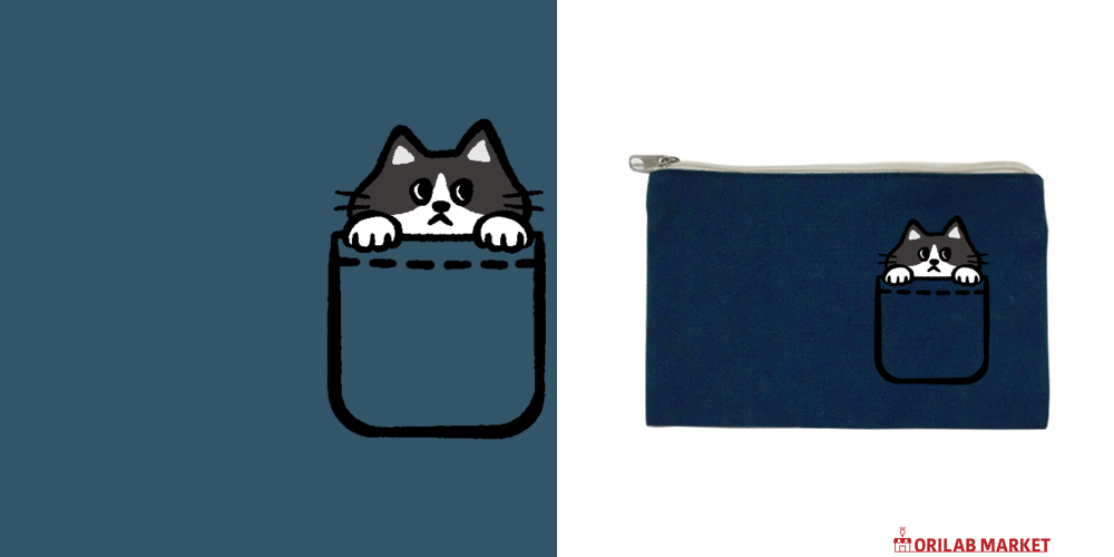 ポケットから猫_ハチワレ猫キャンバスポーチ(S)【白プリント有】の商品