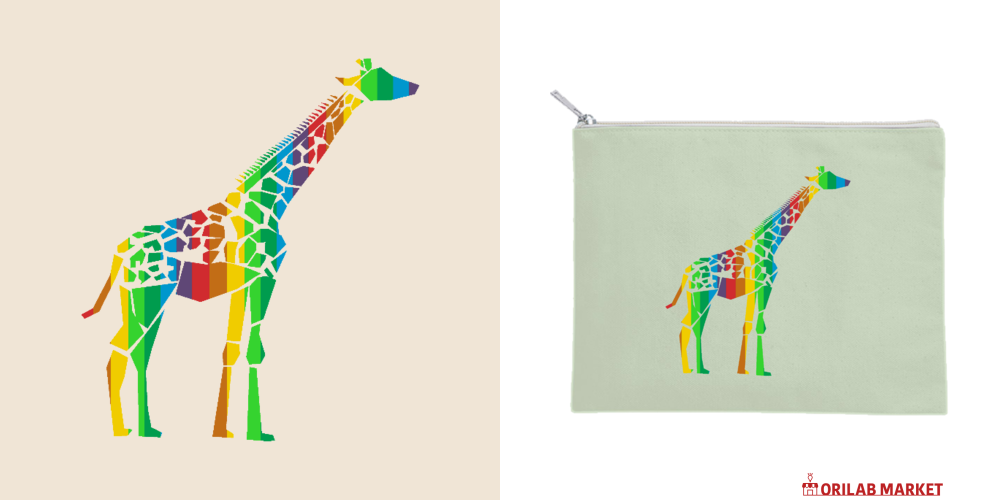 シンプルなカラフルキリンの切り絵キャンバスフラットポーチ（M