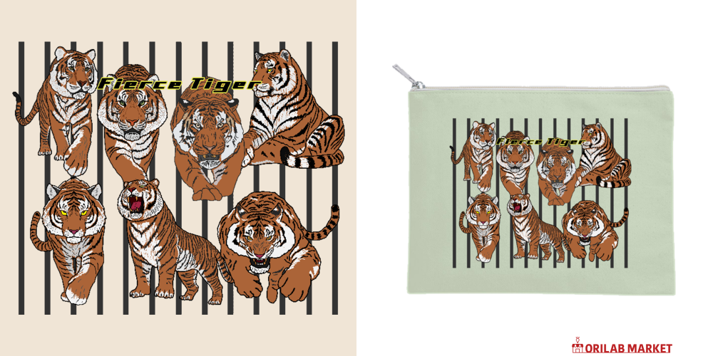 Fierce Tigerキャンバスフラットポーチ（M）【白プリント有】の