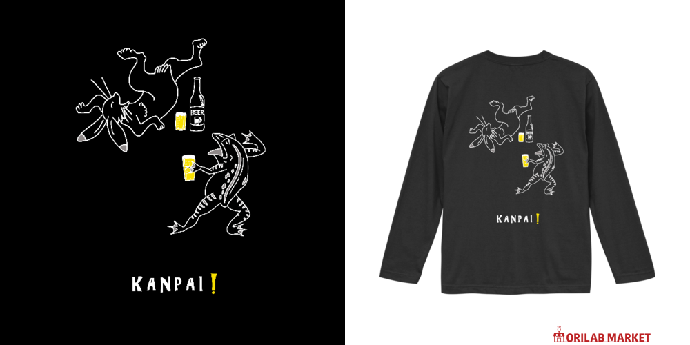 鳥獣戯画×BEER 白線画 バックプリント | ロングスリーブTシャツ 長袖T