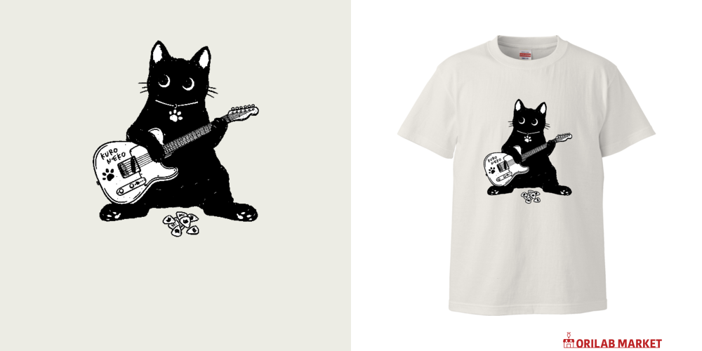 黒猫くん ギター type01 BK Tシャツ｜qroovy - オリラボマーケット